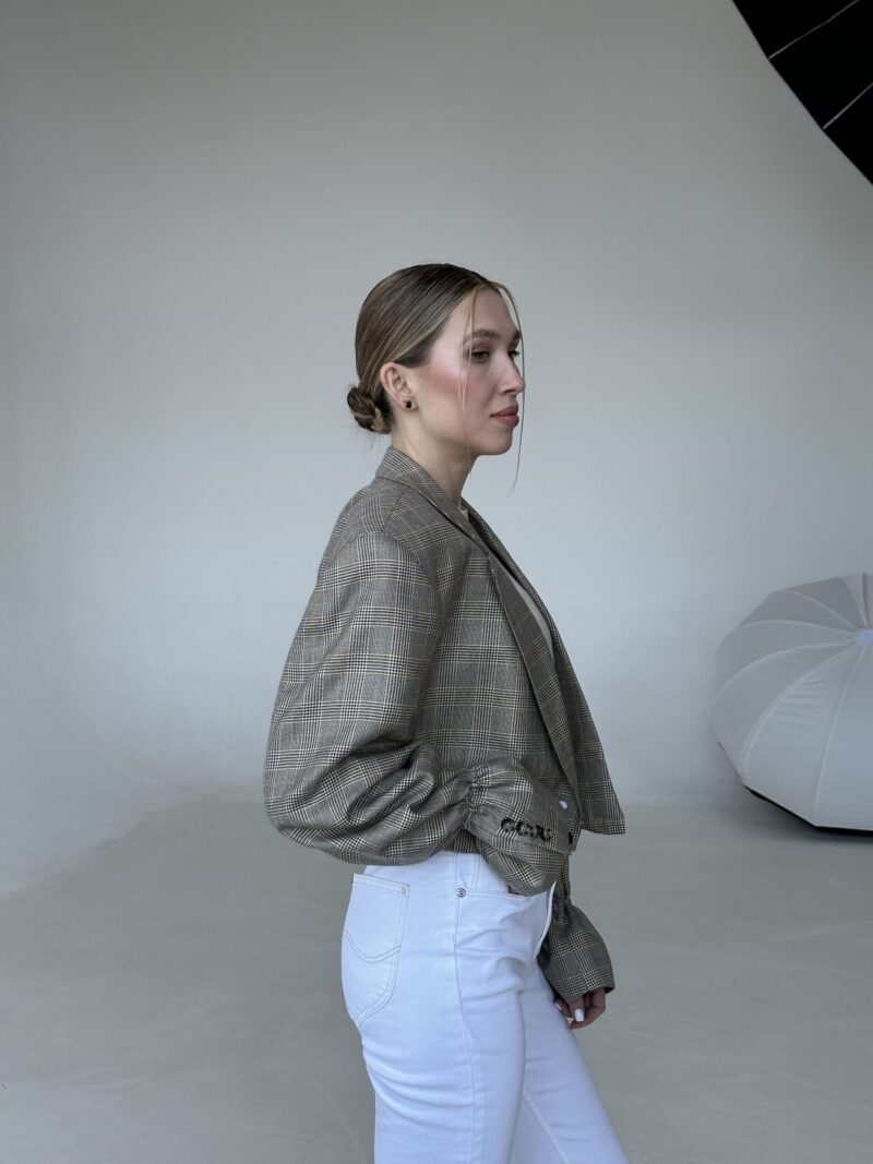 MINI JEDWABNO WEŁNIANA MARYNARKA W JASNĄ KRATĘ