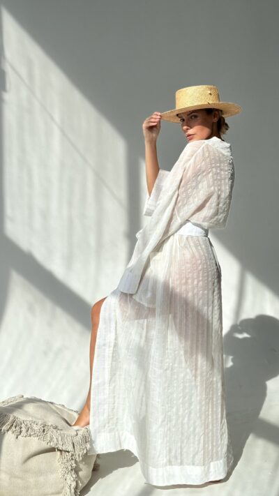 DŁUGIE KIMONO W PASY BIAŁO- BEŻOWE