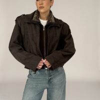 KURTKA SKÓRZANA BRĄZOWA Z ODPINANYM SWETERKIEM