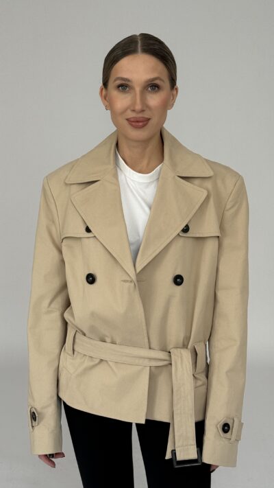 KRÓTKI BEŻOWY BAWEŁNIANY TRENCZ